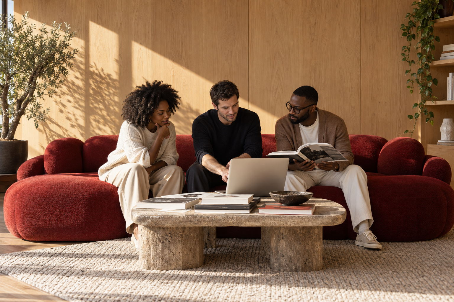 Illustrative studio scene: three creative colleagues reviewing books and a laptop together on a red sofa.